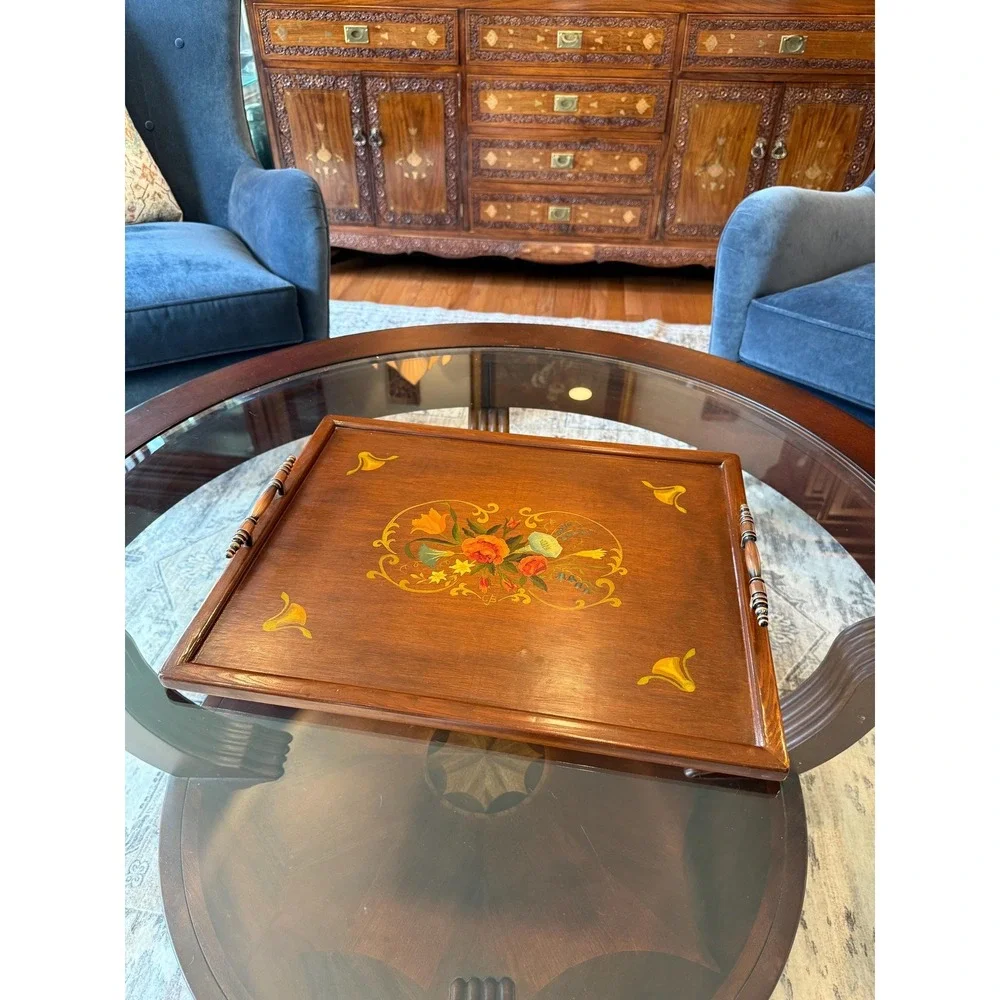 Vintage Hand Painted Floral‎ Wood Tray With Handles